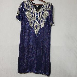 Elegance By Anujan Dress Womens Small Purple Silk Sequin Beaded Cocktail Party